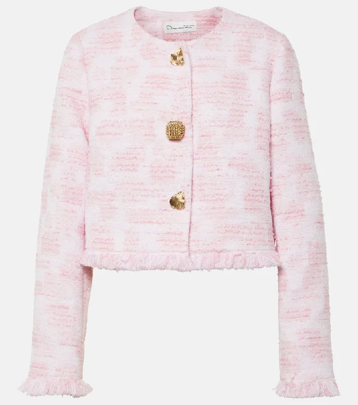 Oscar de la Renta Fringed cropped tweed jacket Front Pockets Side Pockets Patch Pockets