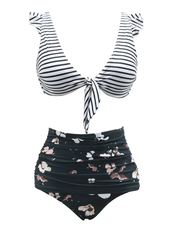 1970s Strap Stripes Floral Swimsuit Minimalist One-Piece