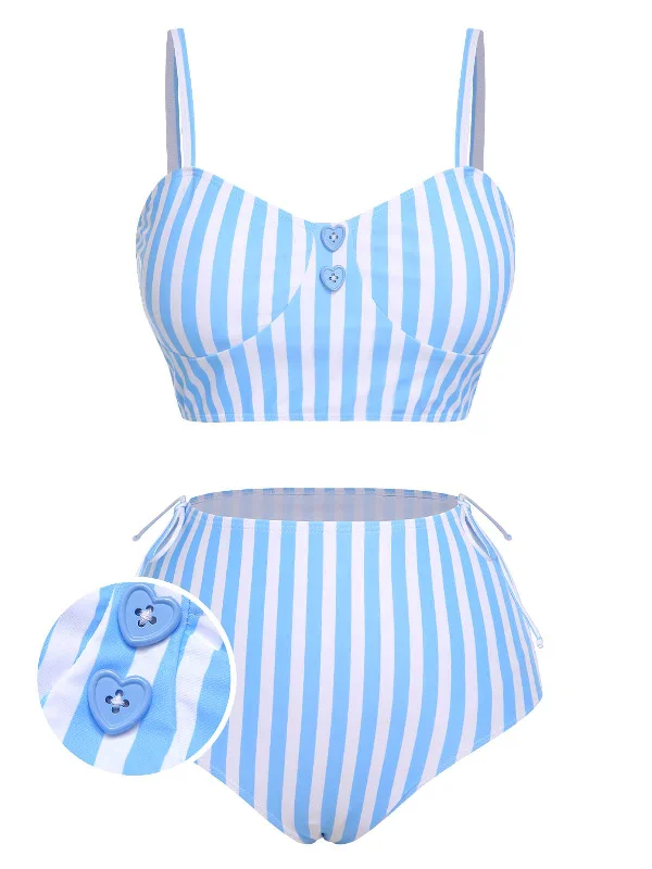 Blue 1950s Striped Heart Button Swimsuit Elegant Ruffle Swimsuit