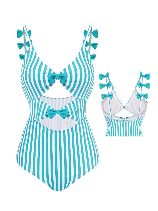 Blue 1960s Stripe Strap Bow One-Piece Swimsuit Quick-Dry Tankini