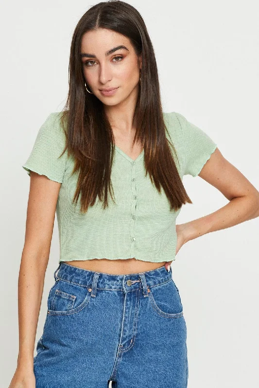 Green Crop Cardigan Short Sleeve Waffle Cashmere Blend Cotton Blend Poly Blend