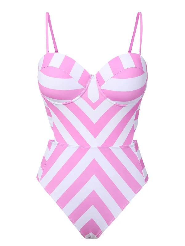 Pink 1940s Striped Bandeau One-Piece Swimsuit Classic Swimsuit Design