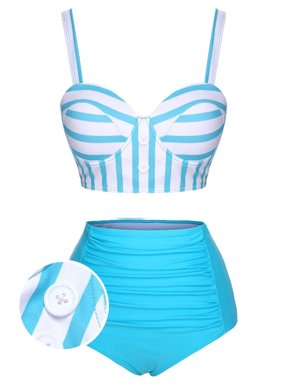 Light Blue 1950s Stripe Strap Swimsuit Floral Bikini Top