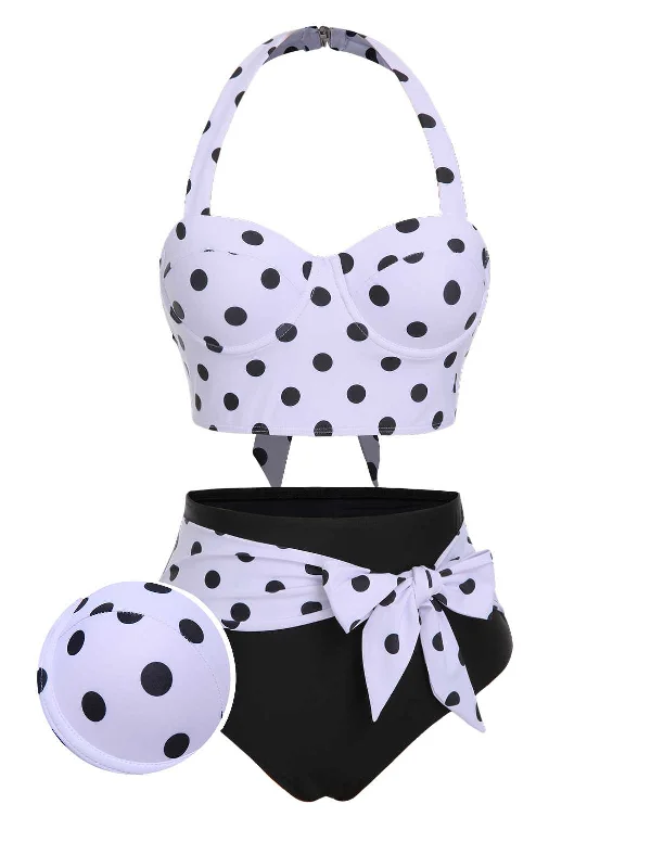 1950s Halter Contrast Polka Dots Swimsuit Retro-Inspired Bikini Set