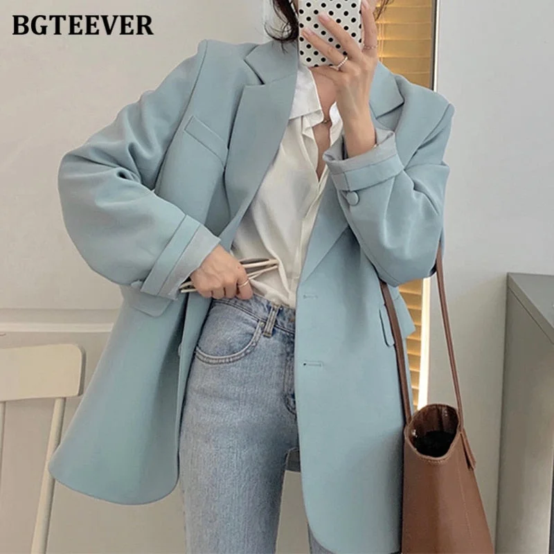 BGTEEVER Spring Autumn Loose  Women Jacket Blazer Casual Notched Collar Long Sleeve Female Jackets 2022 Ladies Suit Coats Tailored Jacket Straight Jacket A-Line Jacket