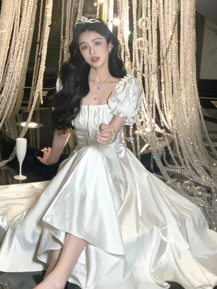 Advbridge French Elegant White Wedding Party Dress Women Vintage Burgundy Romantic Prom Vestidos Summer Korean A-line Graduation Dresses empire Waist empire