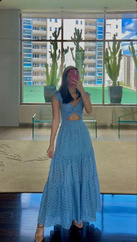 Blue A-Line Cute Long Party Dress Wedding Guest Dress,DP1988 Tunics Plaid country