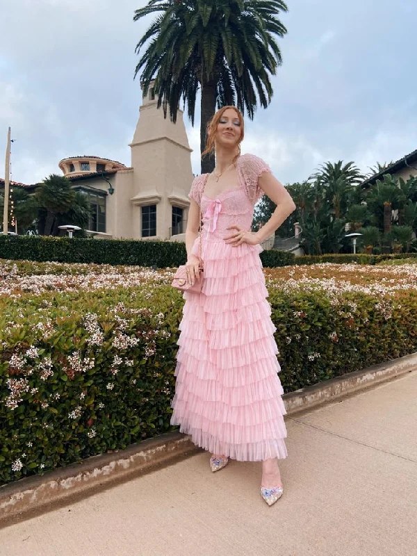 Pink A-Line Tulle Tiered Lace Long Party Dress, DP2055 Tunics Practical easy-care
