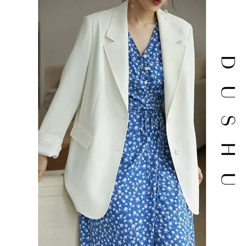 DUSHU Loose Office Lady Casual Black Blazer Women Oversized Autumn Winter White Blazer Female Vintage Double Breasted Jacket Elasticated Jacket Padded Jacket Insulated Jacket