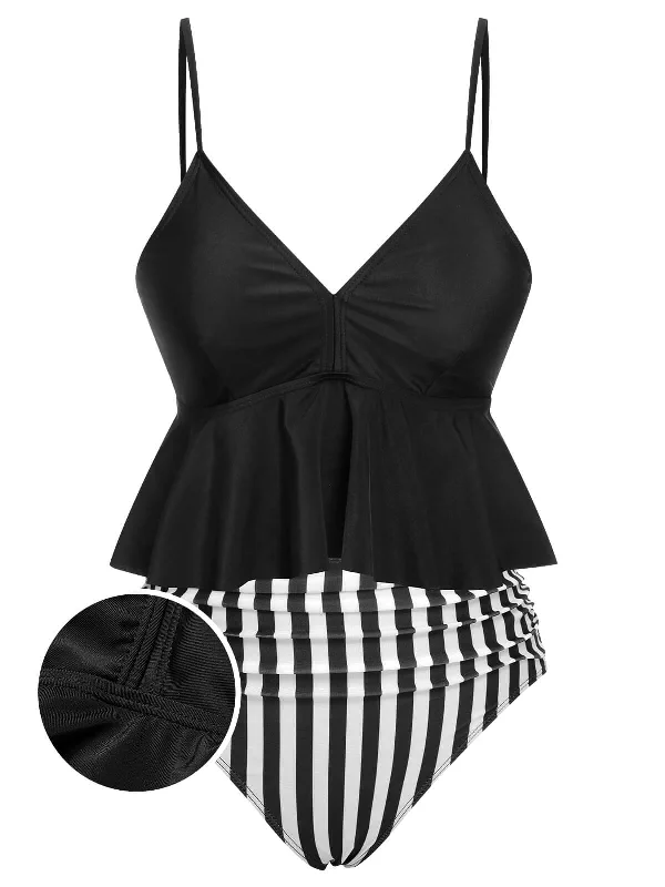 Black 1950s Striped Printed Separate Swimsuit Elegant Ruffled Bikini
