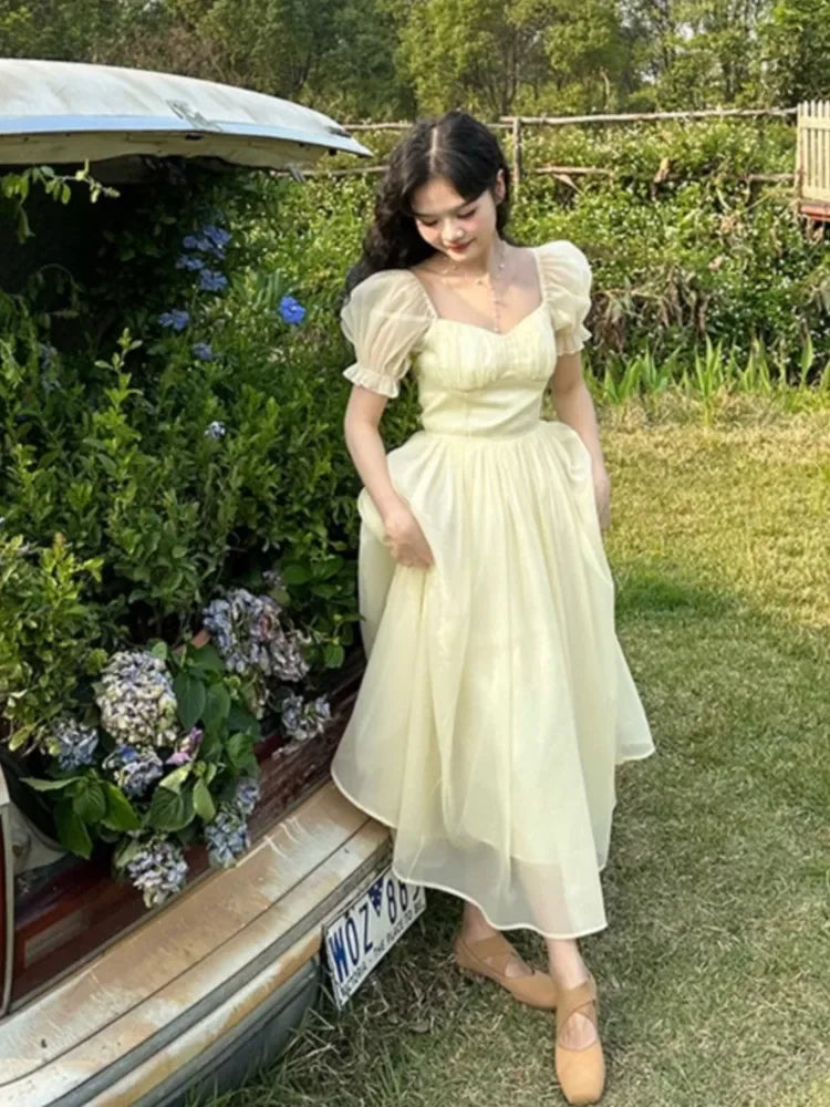 Advbridge Women Elegant Puff Sleeve Summer Midi Dress Lady Square Collar Solid High Waist Fairy Party Dress Korean Holiday One Piece Dress Off-the-shoulder Chic Trendy