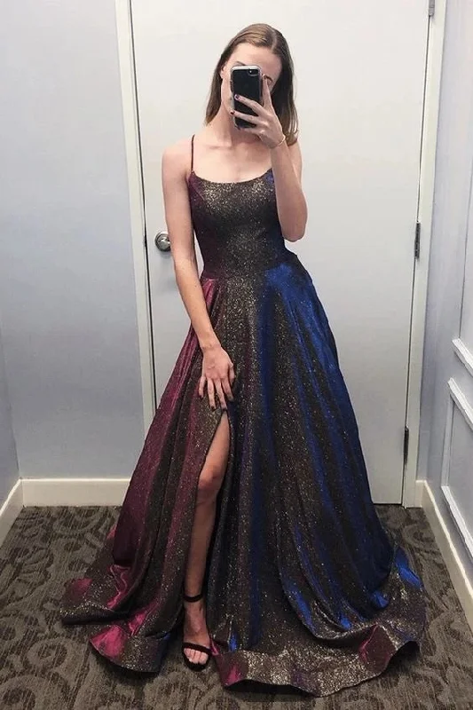 Sparkly Scoop Spaghetti Straps Slit Prom Dress Unique Party Dress with Pockets OKT83 Tunics Denim casual