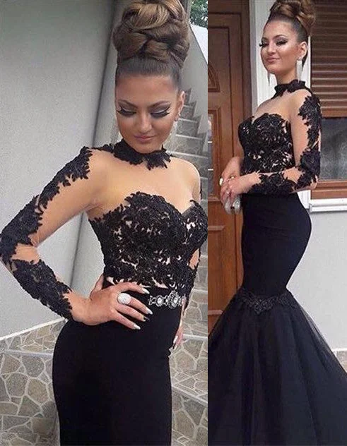 Gorgeous Black Lace Prom Dress Long Sleeve Mermaid Long Party Dress BA8045 Tunics Fleece cozy