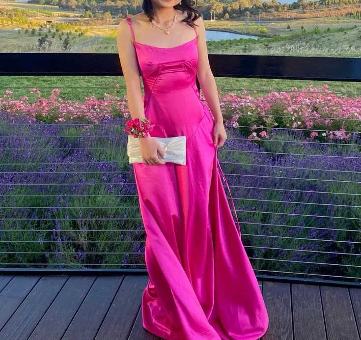 Hot Pink A-Line Satin Spaghetti Straps Long Party Dress,DP1948 Tunics New arrival