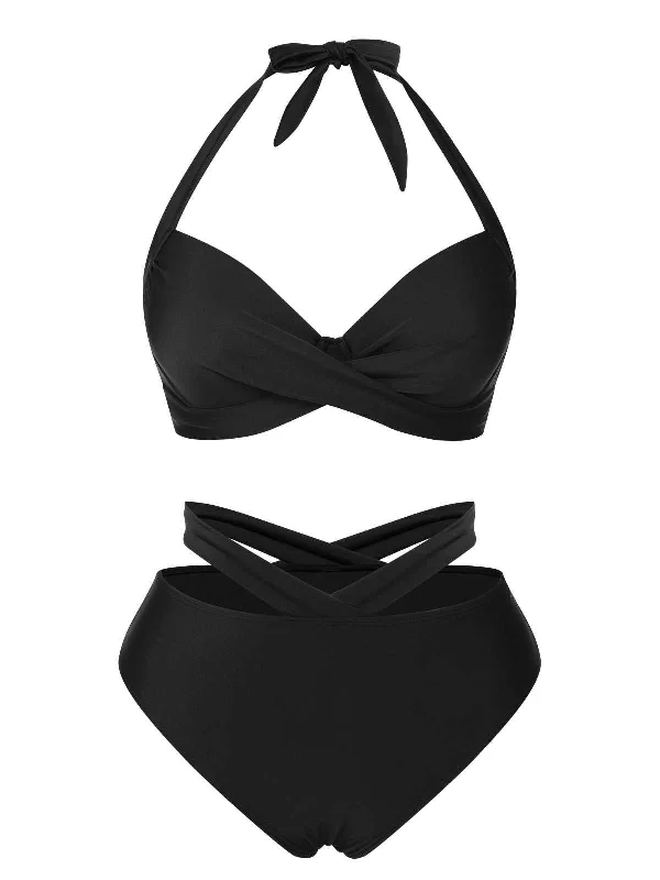 Black 1960s Halter Solid Swimsuit Monokini Swimsuit Design
