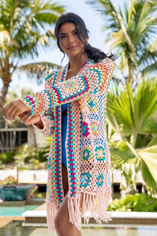 One Last Day Multi Crochet Fringe Hem Cardigan Herringbone Houndstooth Plaid