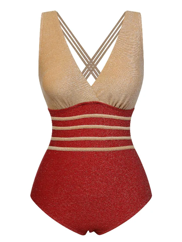 Red 1950s Stripe Patchwork One-Piece Swimsuit High-Waisted Swimwear