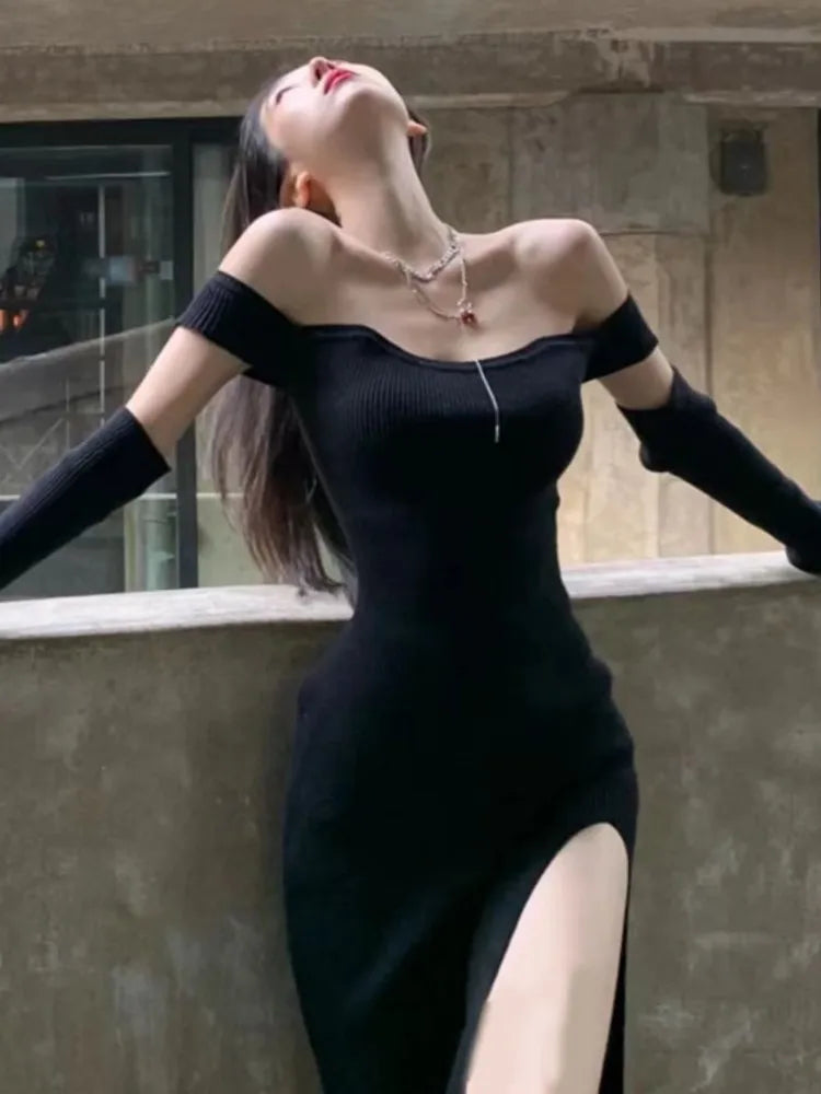 Advbridge Autumn Sexy Black Knitted Dresses for Women High Split Off Shoulder Female Club Party Dress Y2K Bodycon Harajuku Vestidos New Tunics Print Colorful