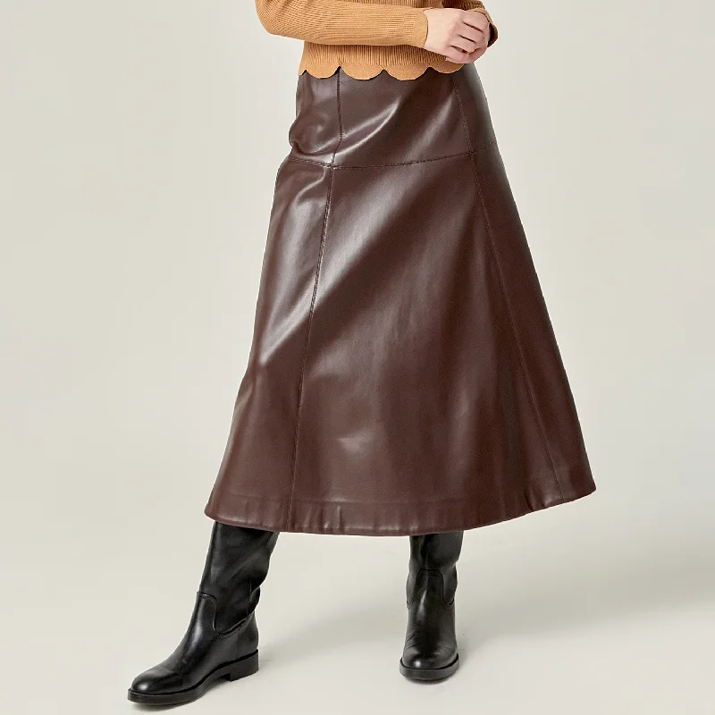 Faux Leather High Waisted Midi Skirt ribbed skirt waist