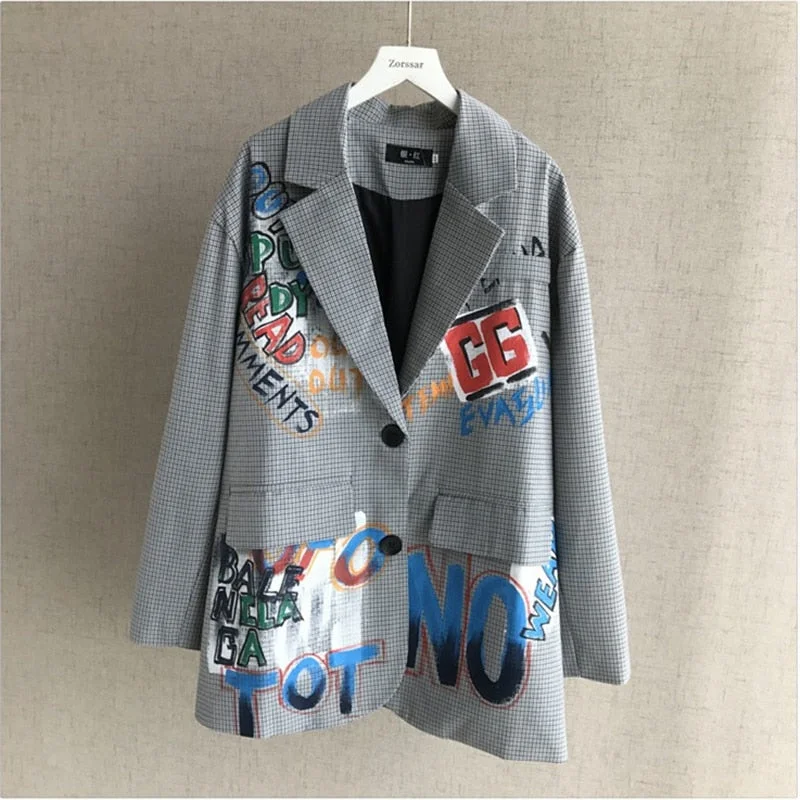 2022 Autumn British Style blazer women Casual Graffiti Letters Suit Jacket Women Long sleeve Loose Plaid Ladies Blazers G122 Snapped Jacket Toggled Jacket Drawstring Jacket