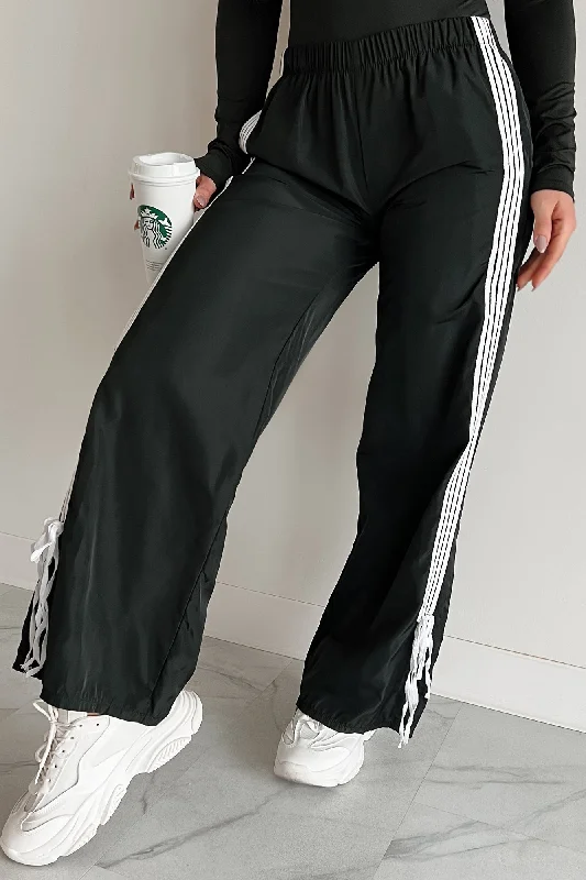 Colby Side Stripe Ribbon Tie Track Pants (Black) Comfy Zip-Up Pants