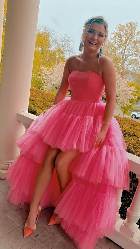 Hot Pink High-Low Tulle Strapless Homecoming Dress Evening Party Dress,DP746 Tunics Brand named