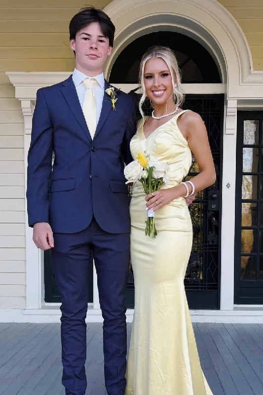 Bliss | Yellow Mermaid Satin V Neck Long Party Dress Crew Neckline Casual
