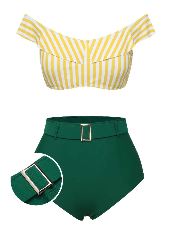 Multicolor 1930s Off-Shoulder Stripes Swimsuit Comfortable Swim Dress
