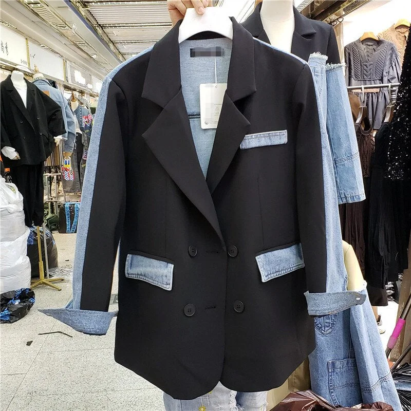 [EWQ] 2022 Spring Long-sleeved Denim Splicing Jacket Large Size Trend Ladies Casual Overcoat Khaki Blazer Suits Outwear Zip Front Button Front Snap Front
