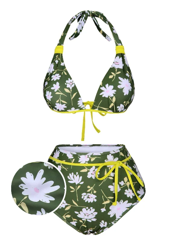 Dark Green 1940s Halter Bow Floral Swimsuit Strap Bikini Set