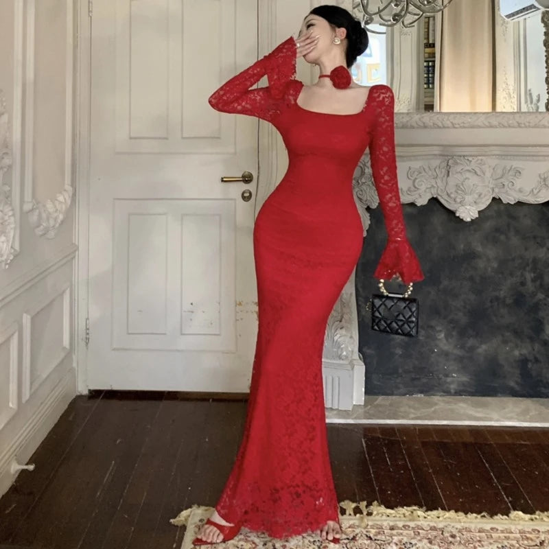 Advbridge Sexy Lace Bodycon Maxi Dresses for Women Flare Sleeve Square Collar Slim Mermaid Evening Party Dress Fishtail Vestidos Prom Robe Tunics Travel practical