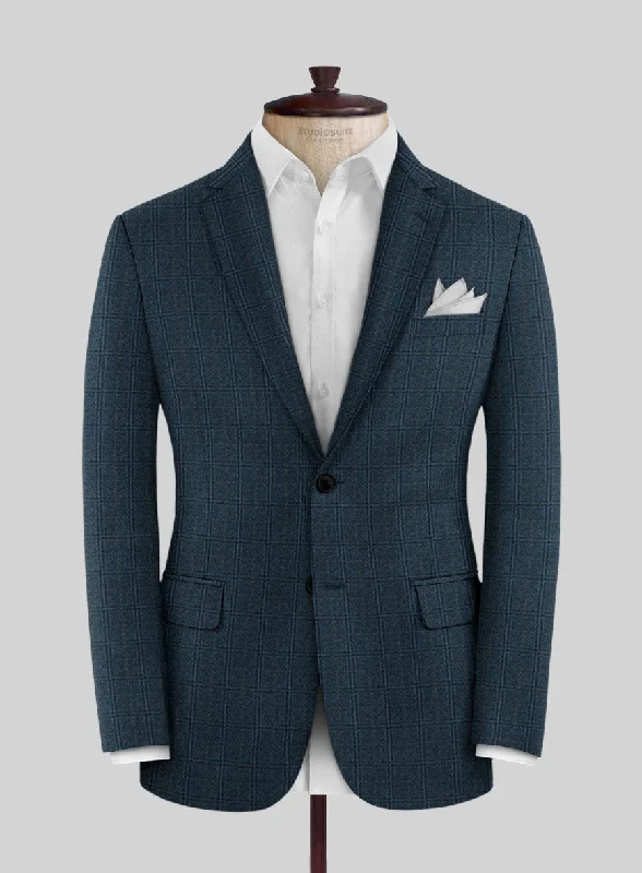 Reda Jeromi Teal Blue Checks Wool Jacket Notch Collar Peter Pan Collar Cowl Neck