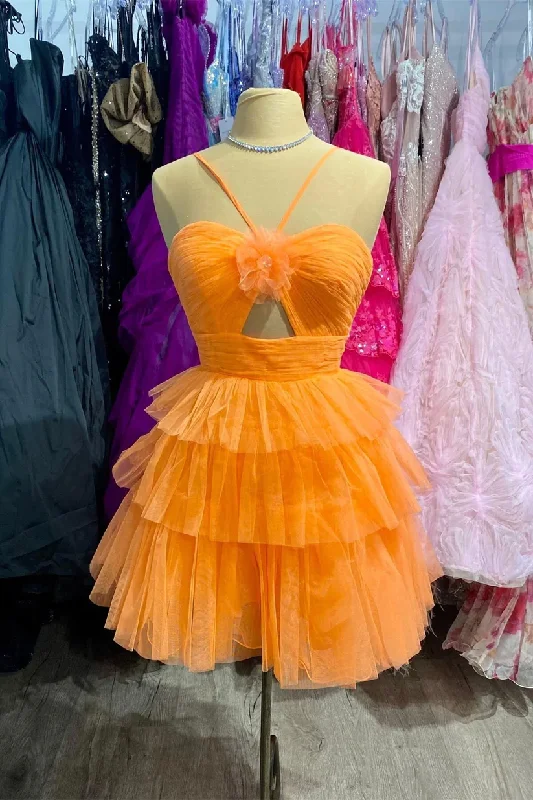 Orange Halter Tulle Tiered Short Party Dress A-Line Homecoming Dress, DP2326 Cowl Neckline Elegant