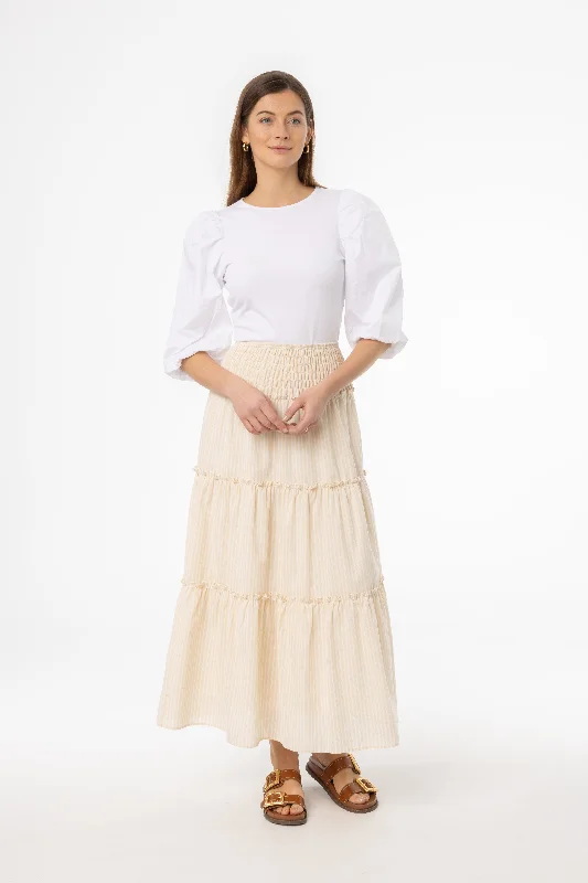 Tan Striped Maxi Skirt button skirt front