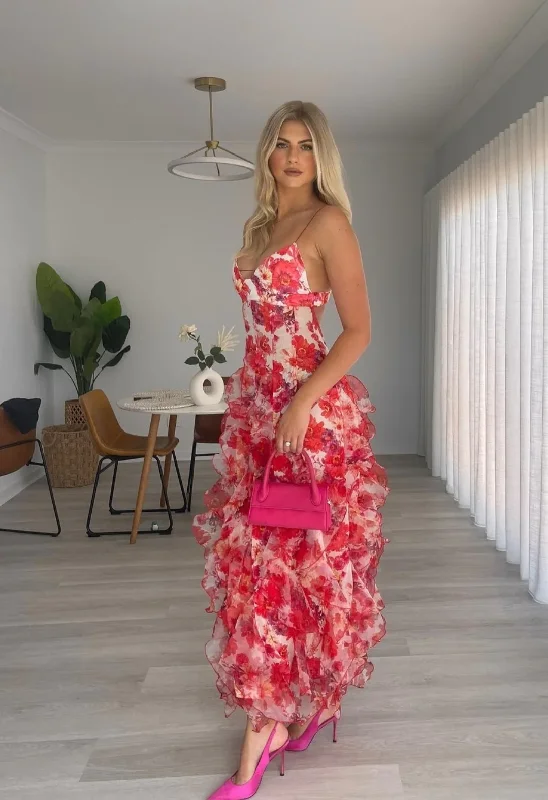 Red Floral Printed A-Line Backless Ruffle Long Party Dress, DP2023 Tunics Yoga stretchy
