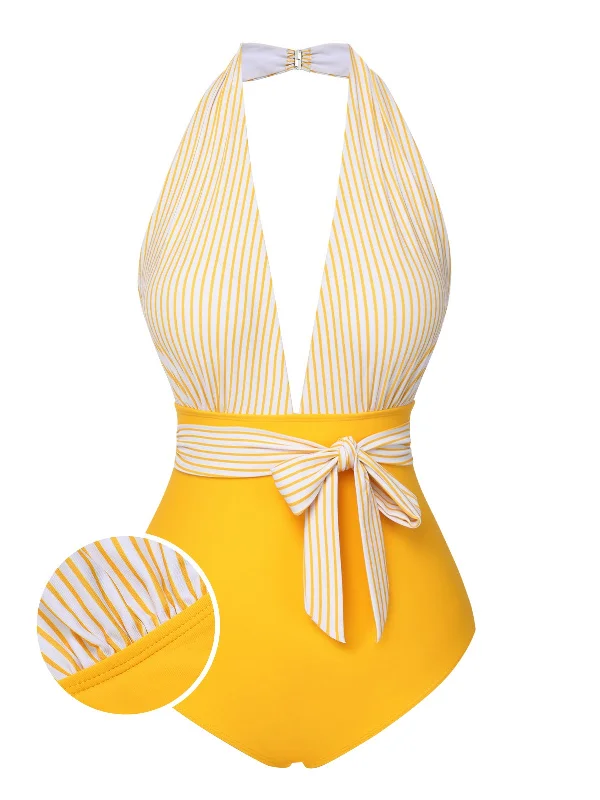 Yellow 1950s Halter Striped Patchwork Swimsuit Sexy Swimwear Set