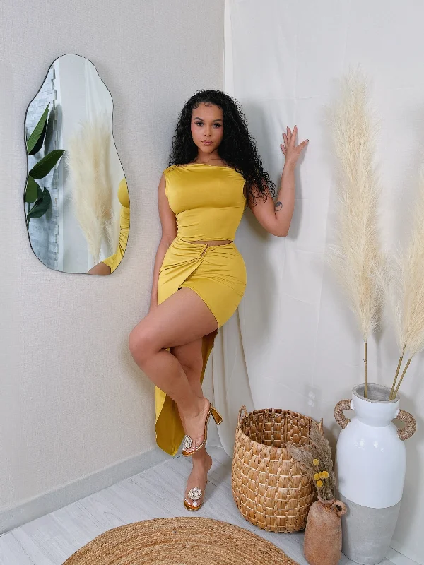 ST2182P - ONE SHOULDER GOLD TRIM DETAIL TOP & SKIRT SET lace skirt romantic