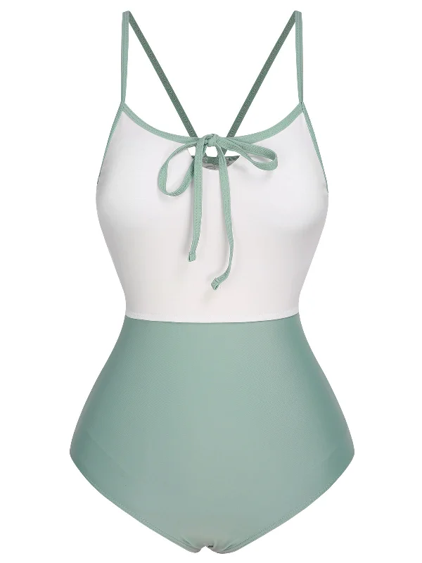1950s Color Contrast BowKnot Strap Swimsuit Adjustable Swim Top