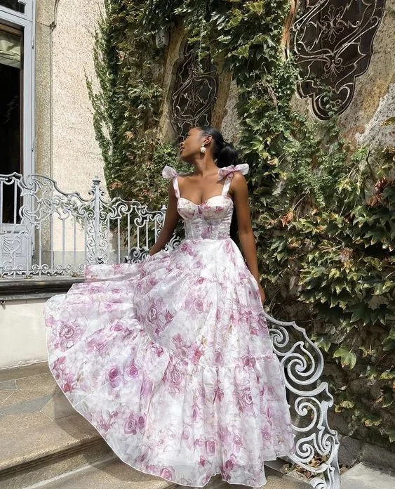 Floral Printed A-Line Straps Chiffon Long Party Dress,DP1933 Tunics Silk luxurious