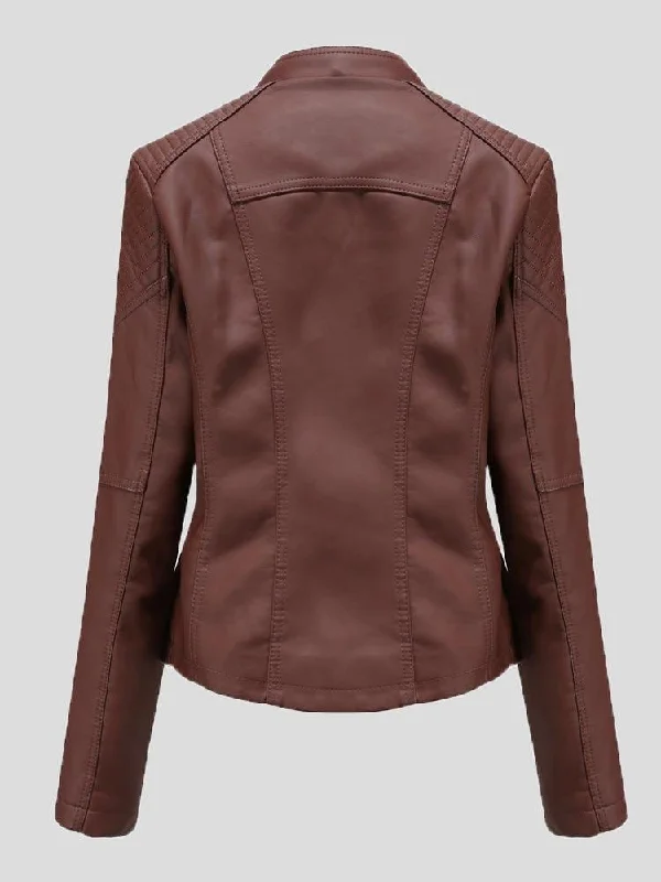 Brown Leatherette Jacket with Quilted Shoulders Welt Pockets Slit Pockets Flap Pockets