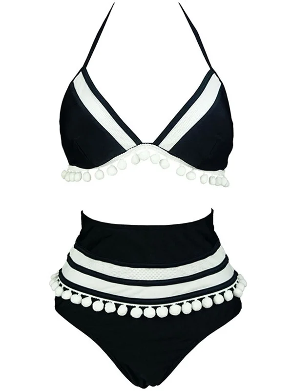 1970s Halter Patchwork Pom Pom Swimsuit Floral Print Swimsuit