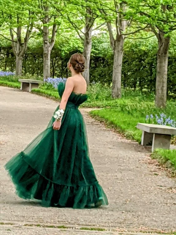 Hunter Green Strapless A-Line Tulle Long Party Dress Evening Gown,DP1806 Tunics Party sparkling