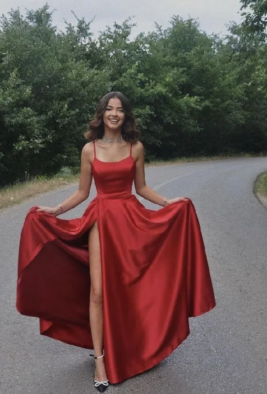 Red Spaghetti Straps A-Line Long Party Dress with Slit, DP1996 Tunics Gym athletic