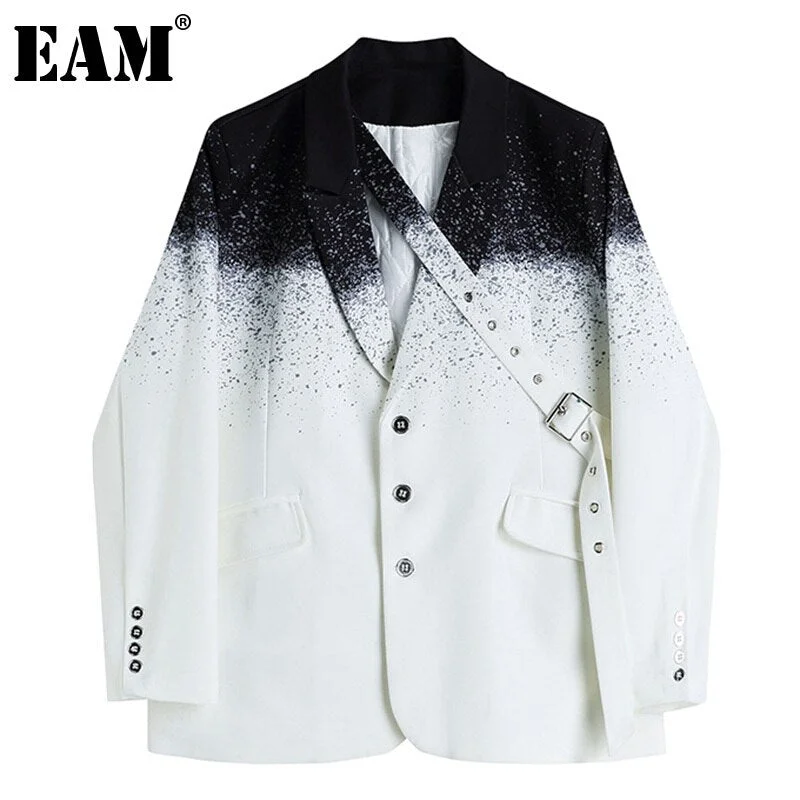 [EAM]  Women Casual Gradient Spliced Belt Blazer Lapel Long Sleeve Loose Fit Jacket Tide Spring Autumn 2022 1DD8788 Faux Fur Jacket Real Fur Jacket Shearling Jacket