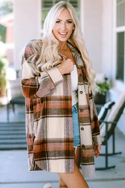 Brown and Cream Plaid Shirt Jacket Belted Jacket Elasticated Jacket Padded Jacket