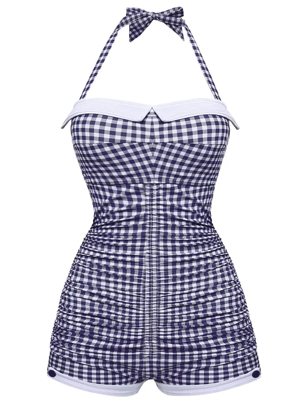Gingham 1950s Halter Bowknot One-piece Swimsuit V-Neck Swim Dress