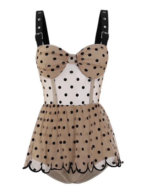 1960s Polka Dot Ruffled Skirted Swimsuit Sleek Racerback Swimsuit