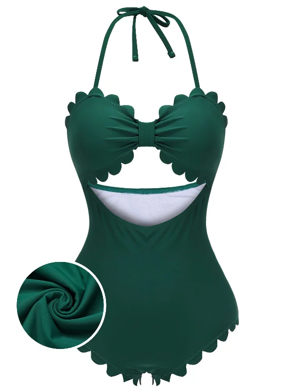 Dark Green 1940s Solid Halter One-piece Swimsuit Plunge Back Swimsuit