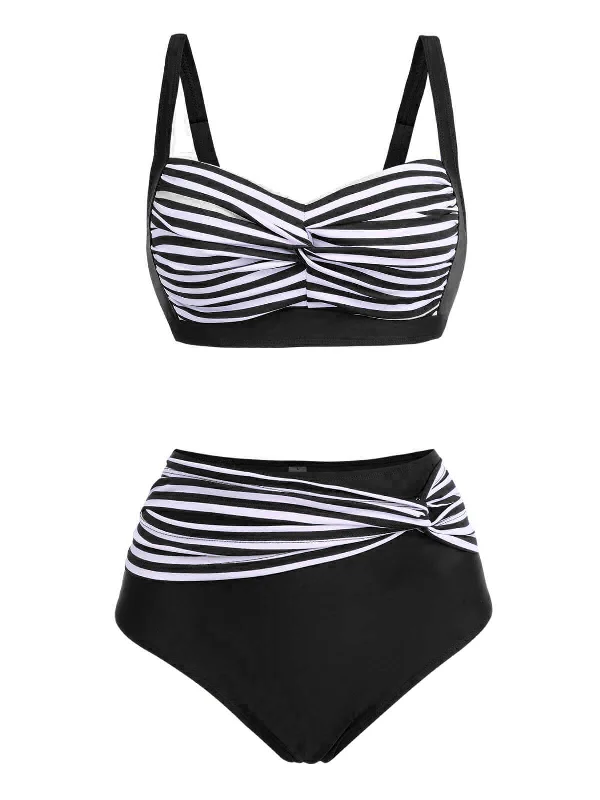 1950s Stripe Twisted Patchwork Strap Swimsuit Sporty Swimwear Bottoms