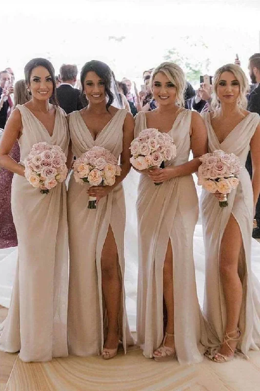 Simple Sheath Long Bridesmaid Dress with Slit, Wedding Party Dress OKO22 Boat Neckline Classic